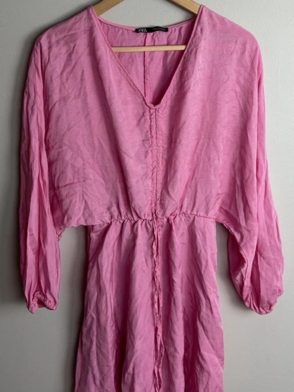 Zara Pink Long Sleeve Mini Dress Size Small V-Neck Ruched Waist Women’s